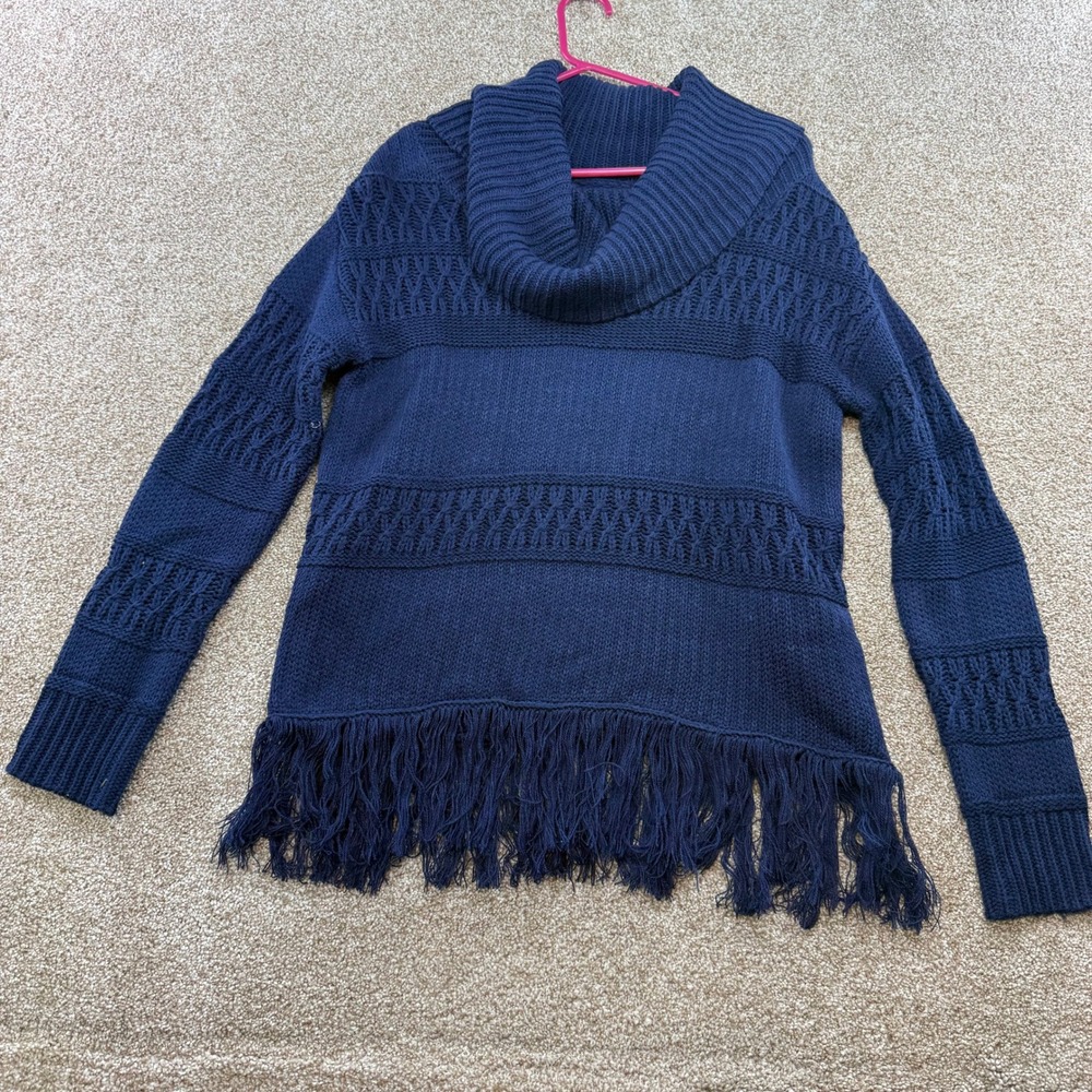 Xhilaration Womens Navy Blue Cowl Neck Fringe Hem Knit Sweater Medium Fall M